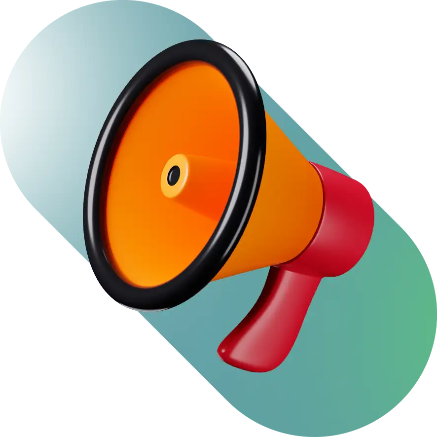 Icono de un megáfono degradado rojo y naranja con un fondo degradado de azul a verde.