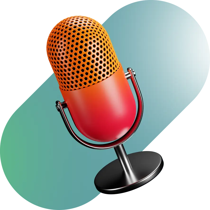 Icono de un micrófono degradado rojo y naranja con un fondo degradado de azul a verde.